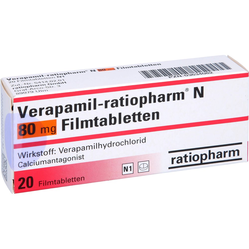 Das Produktfoto zeigt Verapamil-Ratiopharm N 80 Mg Filmtabletten (20 stk) PZN 03634082