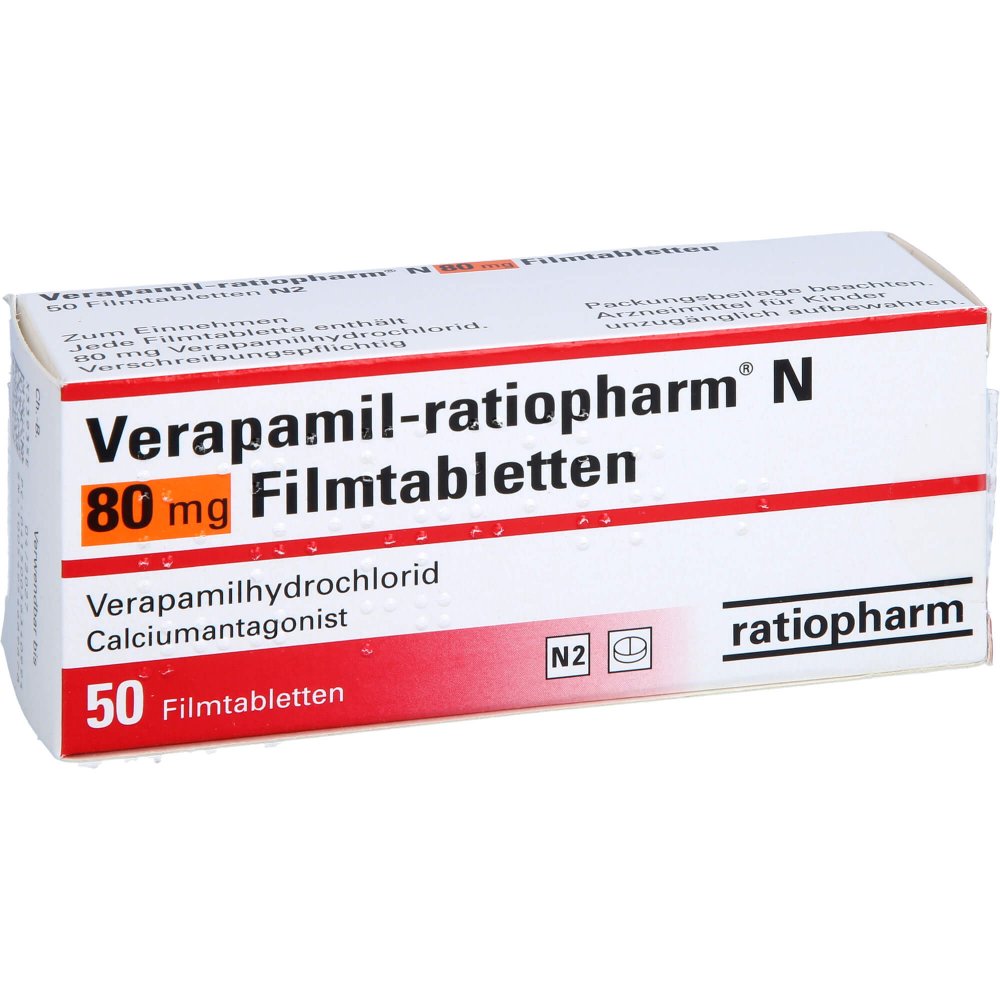 Das Produktfoto zeigt Verapamil-Ratiopharm N 80 Mg Filmtabletten (50 stk) PZN 03634099