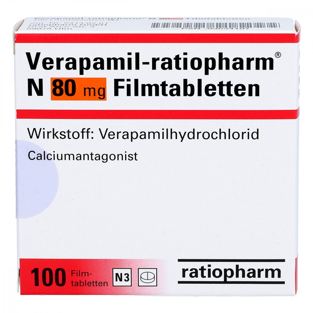Das Produktfoto zeigt Verapamil-Ratiopharm N 80 Mg Filmtabletten (100 stk) PZN 03634107