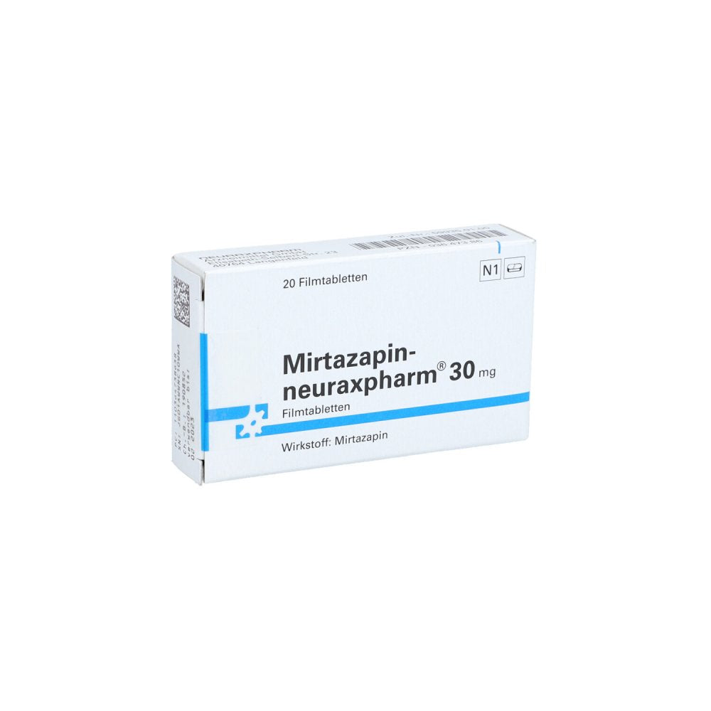 Das Produktfoto zeigt Mirtazapin-Neuraxpharm 30 Mg Filmtabletten (20 stk) PZN 03647386
