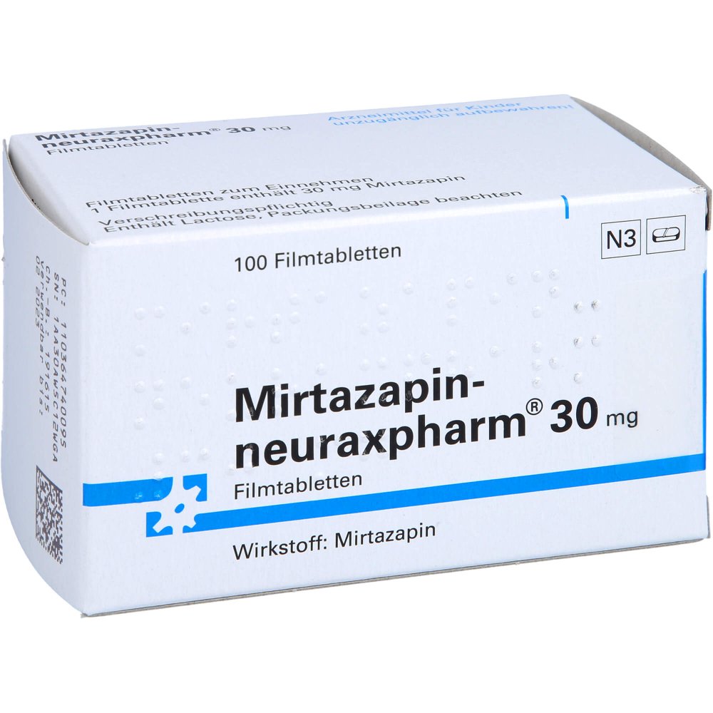Das Produktfoto zeigt Mirtazapin-Neuraxpharm 30 Mg Filmtabletten (100 stk) PZN 03647400