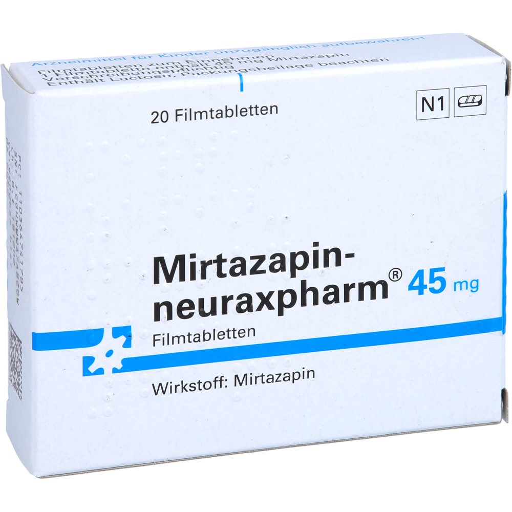 Das Produktfoto zeigt Mirtazapin-Neuraxpharm 45 Mg Filmtabletten (20 stk) PZN 03647417