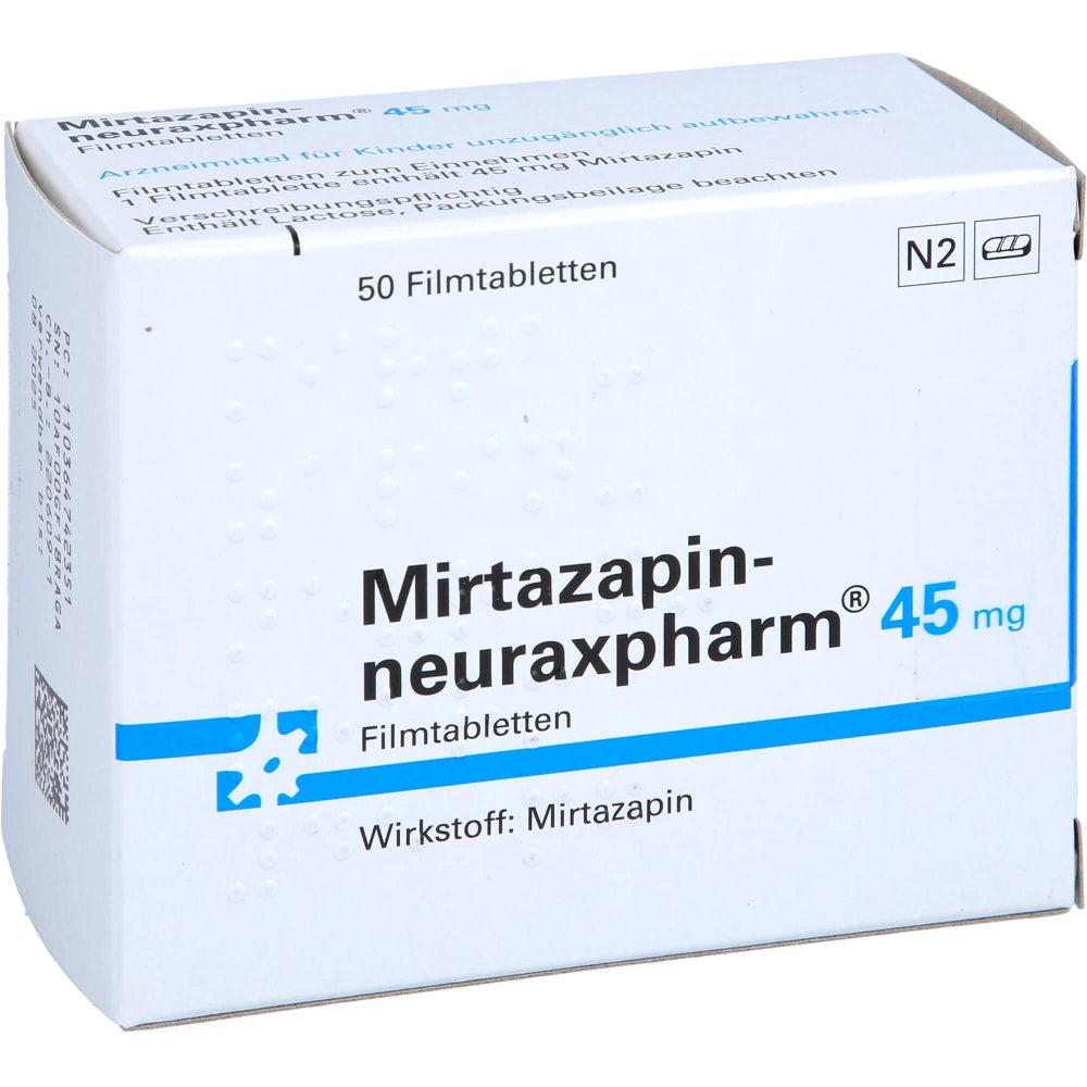 Das Produktfoto zeigt Mirtazapin-Neuraxpharm 45 Mg Filmtabletten (50 stk) PZN 03647423