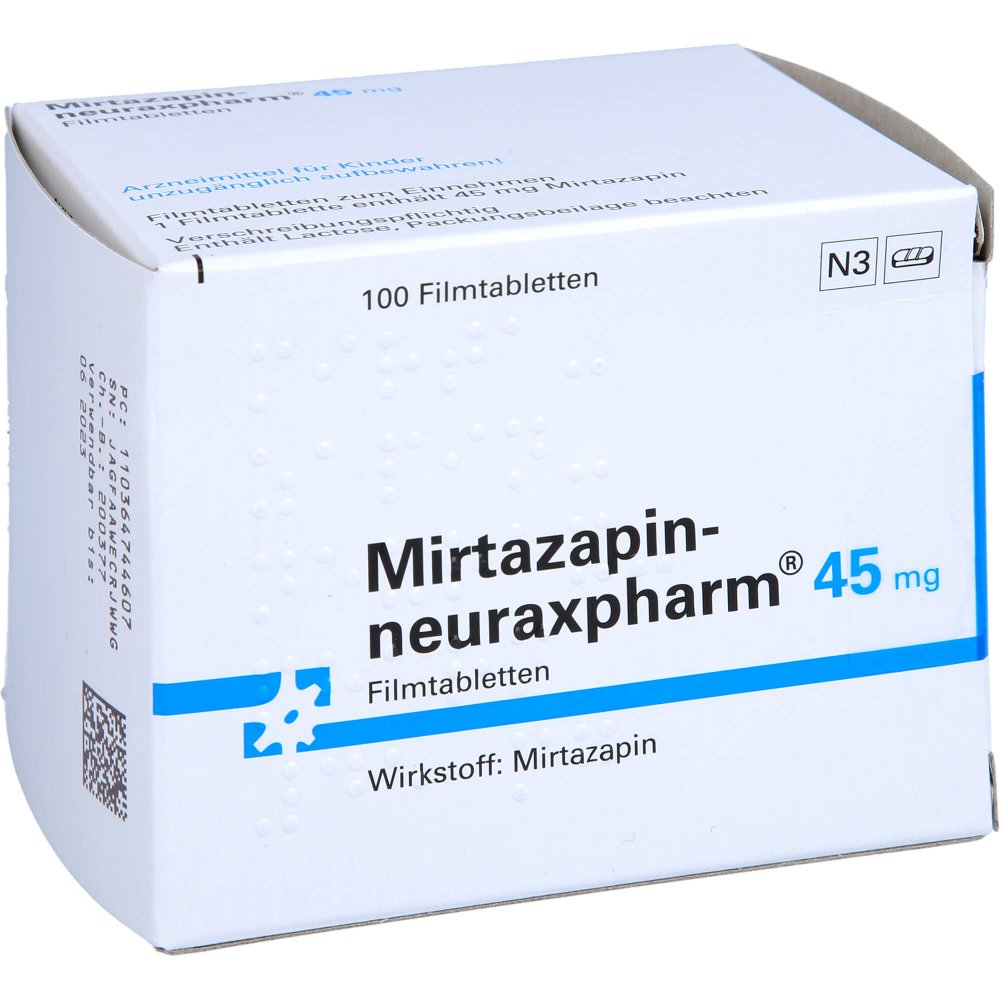 Das Produktfoto zeigt Mirtazapin-Neuraxpharm 45 Mg Filmtabletten (100 stk) PZN 03647446