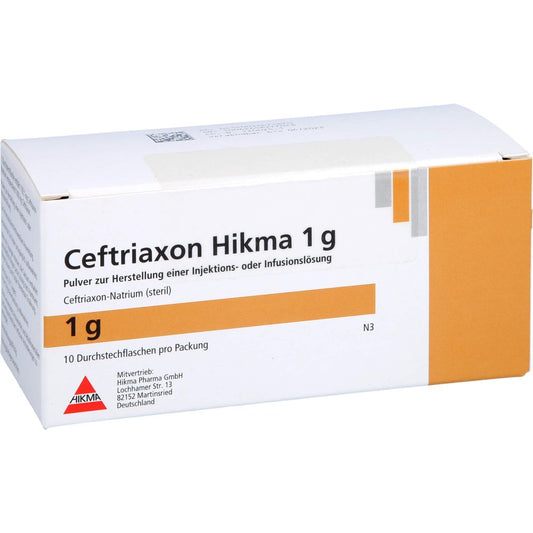 Das Produktfoto zeigt Ceftriaxon Hikma 1 G Pulver Z.Her.E.Inj.O.Inf.Lsg. (10 stk) PZN 03647587