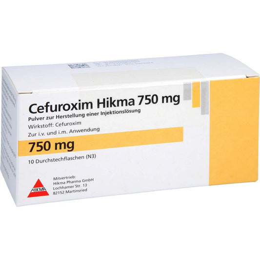 Das Produktfoto zeigt Cefuroxim Hikma 750 Mg Pulver Z.Herst.E.Inj.-Lsg. (10 stk) PZN 03647788
