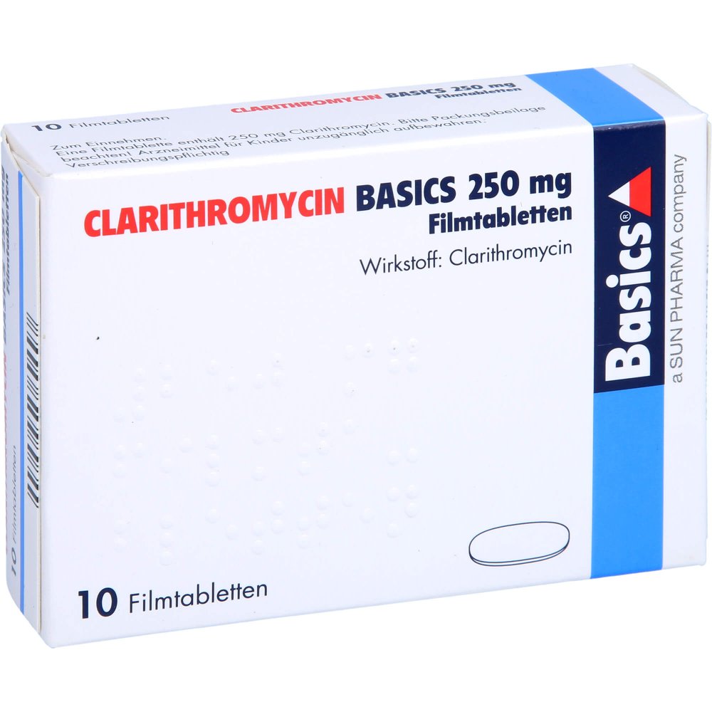 Das Produktfoto zeigt Clarithromycin Basics 250 Mg Filmtabletten (10 stk) PZN 03648173