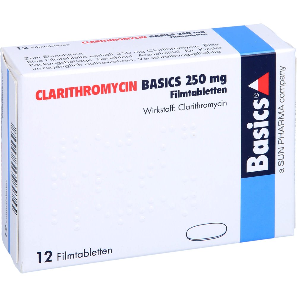 Das Produktfoto zeigt Clarithromycin Basics 250 Mg Filmtabletten (12 stk) PZN 03648204