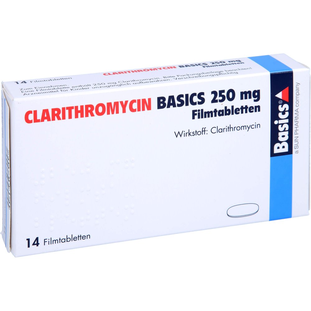 Das Produktfoto zeigt Clarithromycin Basics 250 Mg Filmtabletten (14 stk) PZN 03648210