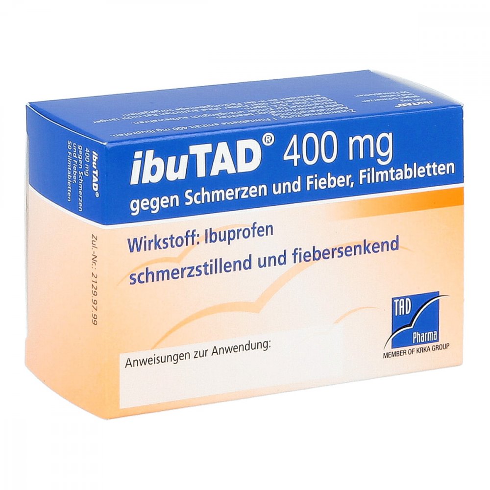 Das Produktfoto zeigt Ibutad 400 Mg Gegen Schmerzen Und Fieber Filmtabl. (50 stk) PZN 03648279