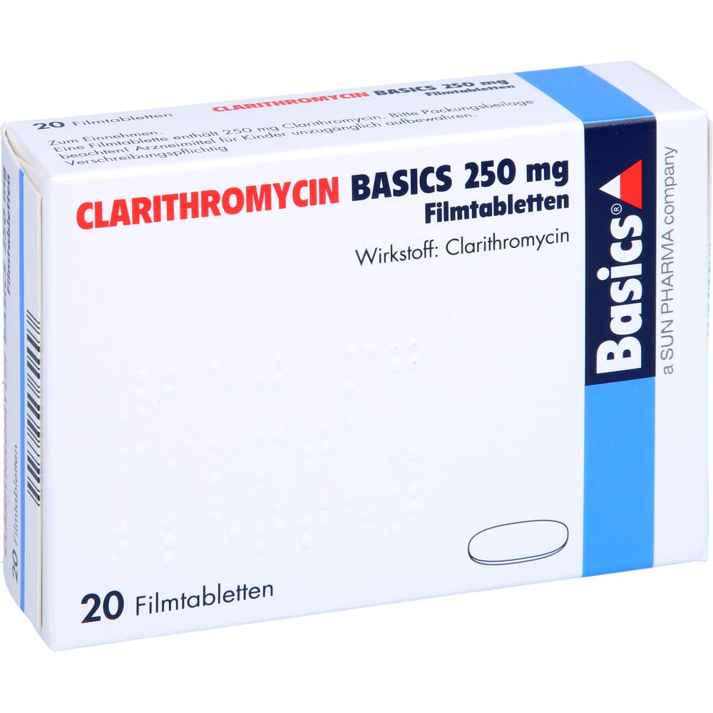 Das Produktfoto zeigt Clarithromycin Basics 250 Mg Filmtabletten (20 stk) PZN 03648428