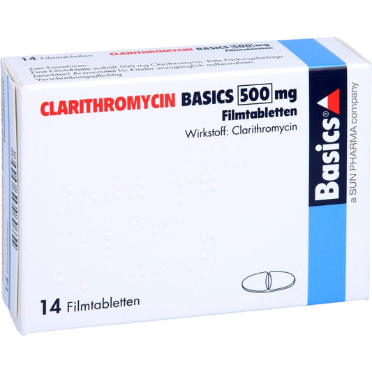 Das Produktfoto zeigt Clarithromycin Basics 500 Mg Filmtabletten (14 stk) PZN 03648434