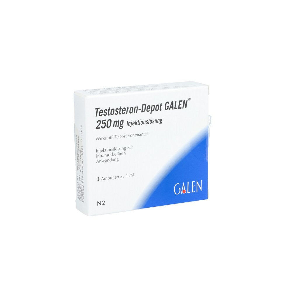 Das Produktfoto zeigt Testosteron-Depot Galen 250 Mg Injektionslösung (3X1 ml) PZN 03649327