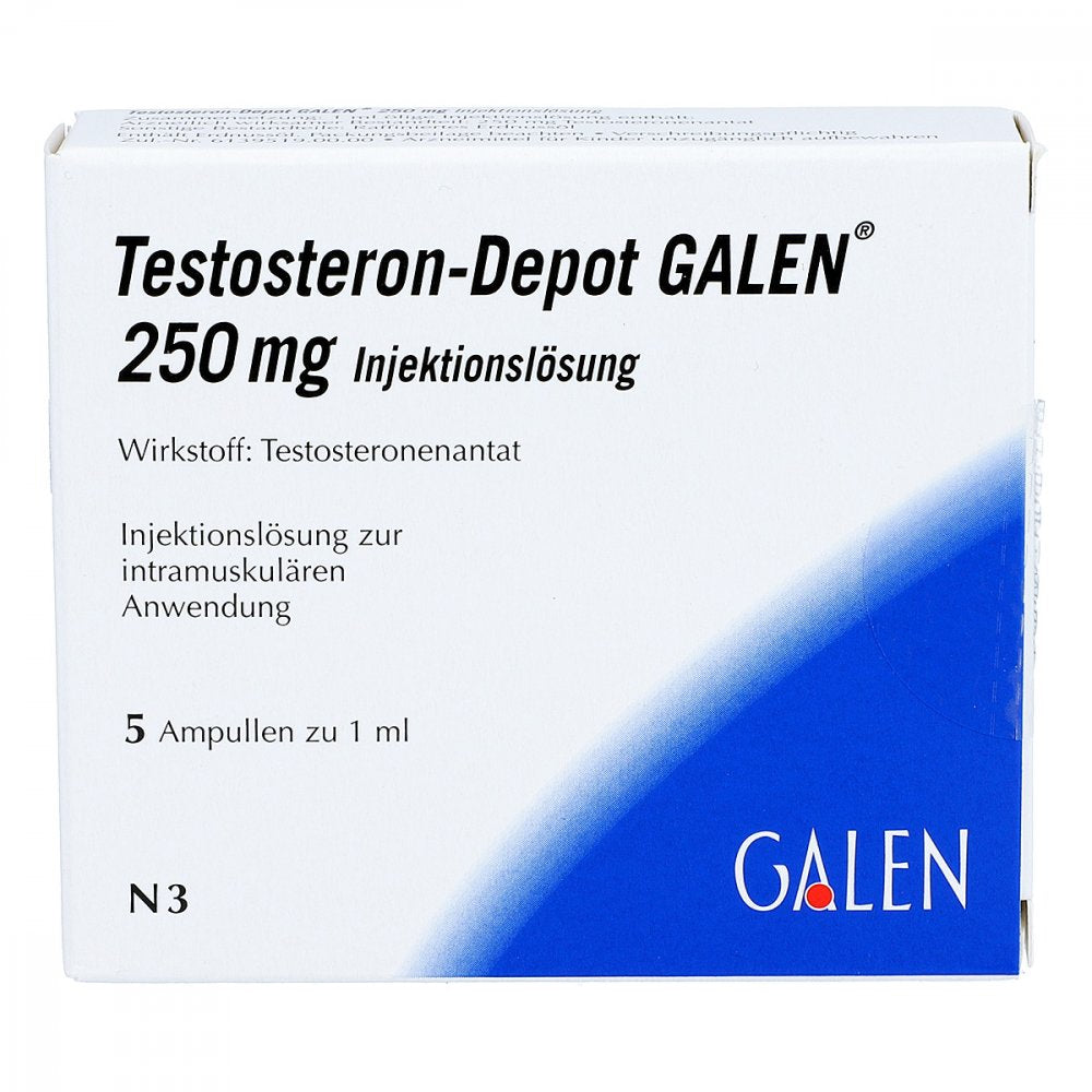 Das Produktfoto zeigt Testosteron-Depot Galen 250 Mg Injektionslösung (5X1 ml) PZN 03649333