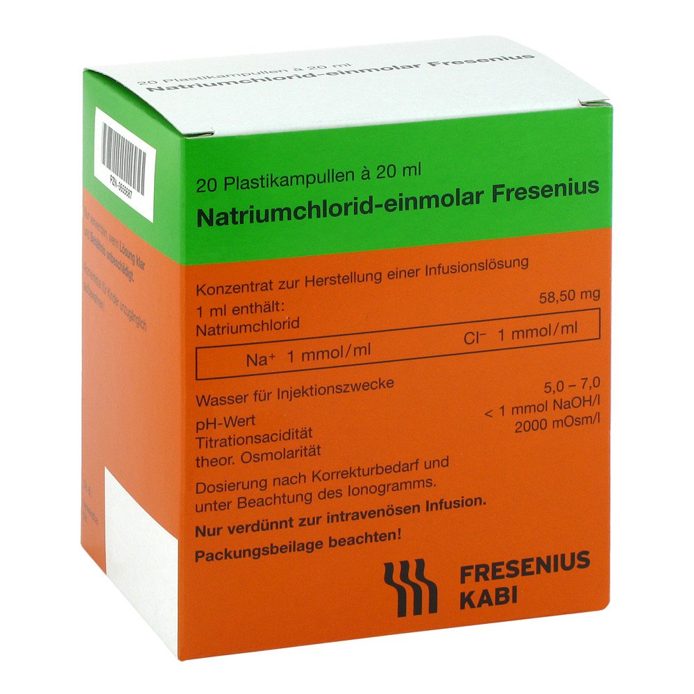Das Produktfoto zeigt Natriumchlorid-Einmol.Fresenius Pe-Amp.Inf.-L.-K. (20X20 ml) PZN 03655687