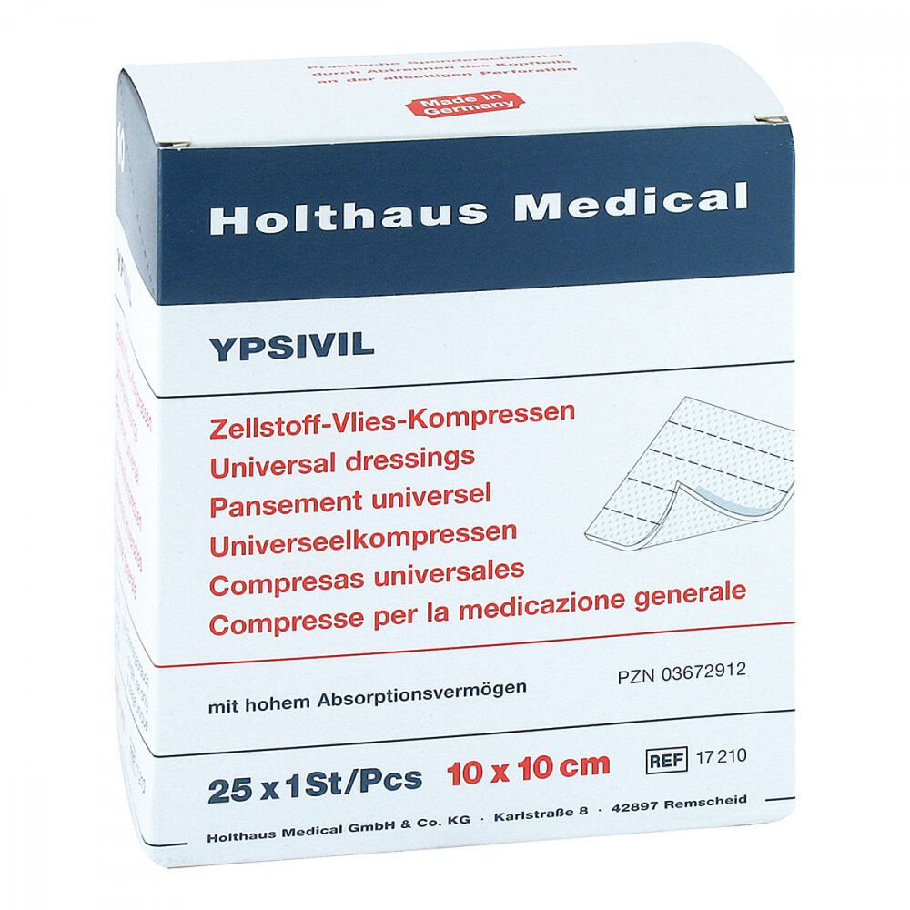 Das Produktfoto zeigt Zellstoff Vlies Kompressen Steril Ypsivil 10x10 Cm (25X1 stk) PZN 03672912