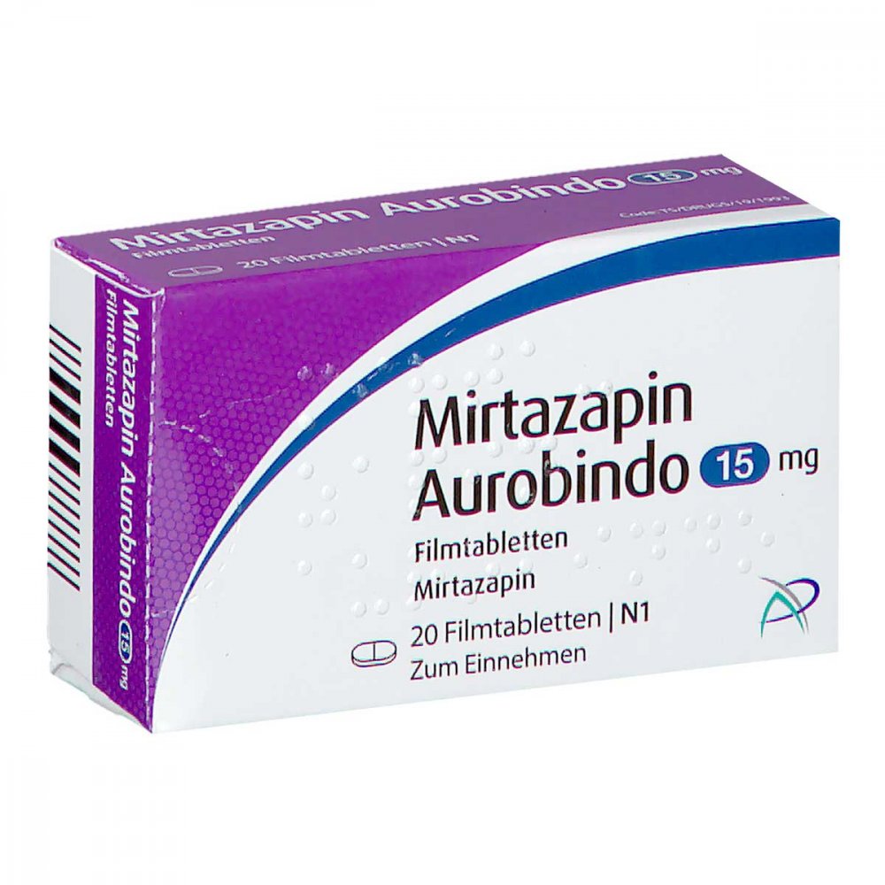 Das Produktfoto zeigt Mirtazapin Aurobindo 15 Mg Filmtabletten (20 stk) PZN 03673159