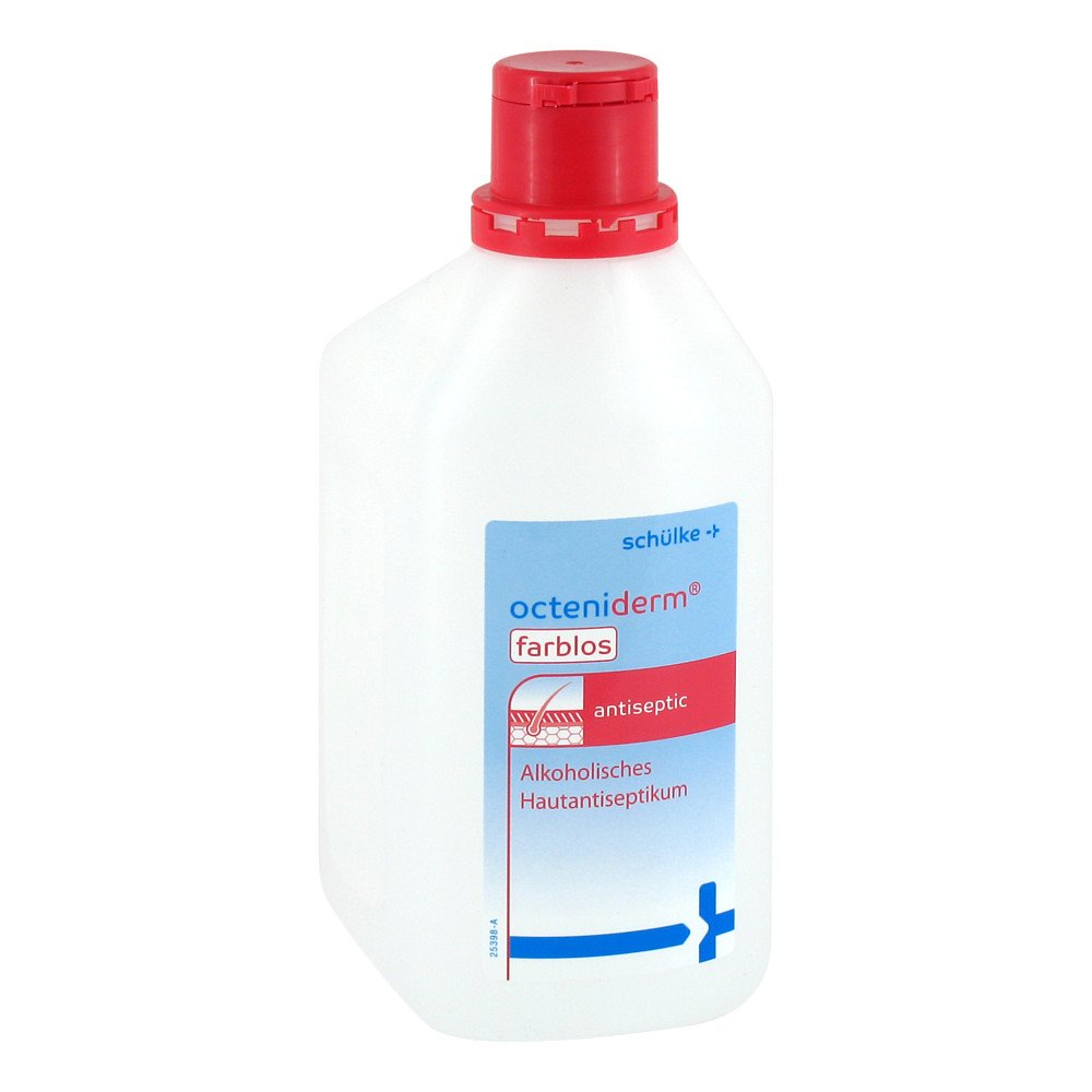 Das Produktfoto zeigt Octeniderm Farblos Hautantiseptikum Lsg. (1 l) PZN 03673219