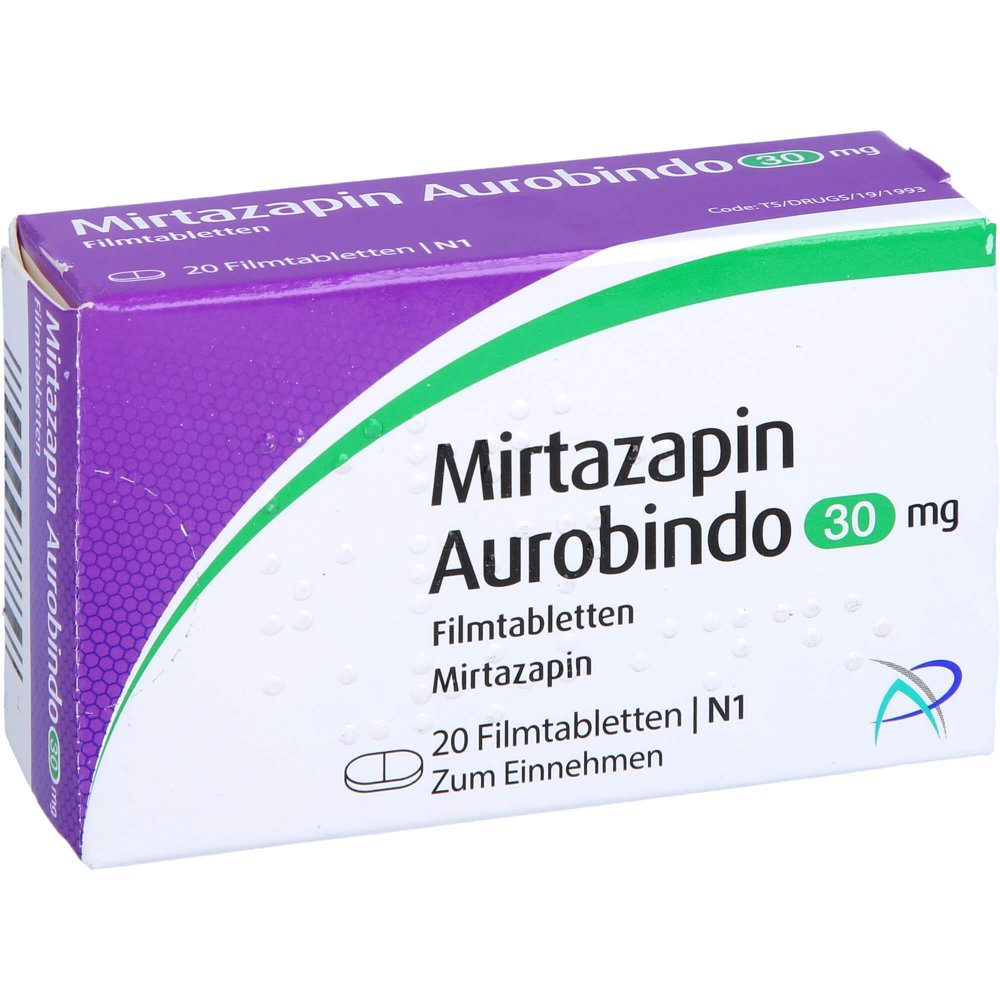 Das Produktfoto zeigt Mirtazapin Aurobindo 30 Mg Filmtabletten (20 stk) PZN 03674940