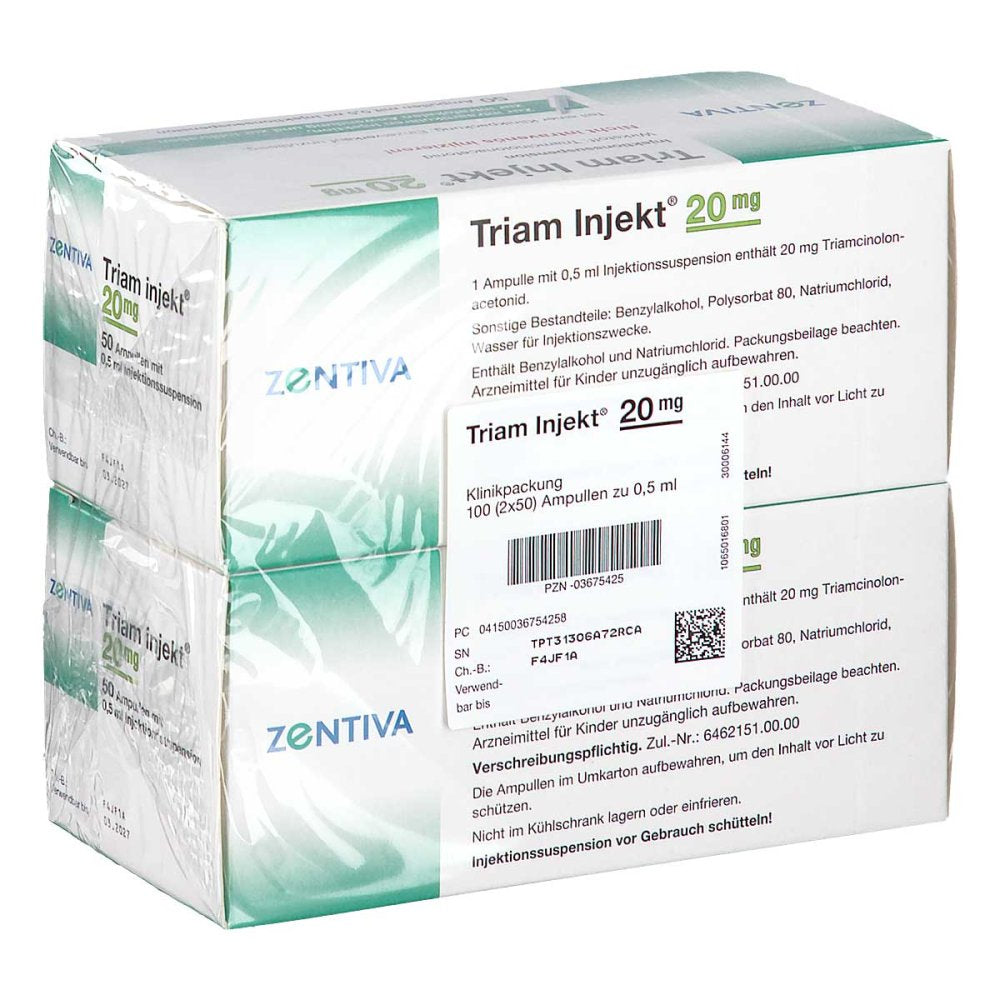 Das Produktfoto zeigt Triam Injekt 20 Mg Kristallsuspension In Ampullen (100X0.5 ml) PZN 03675425
