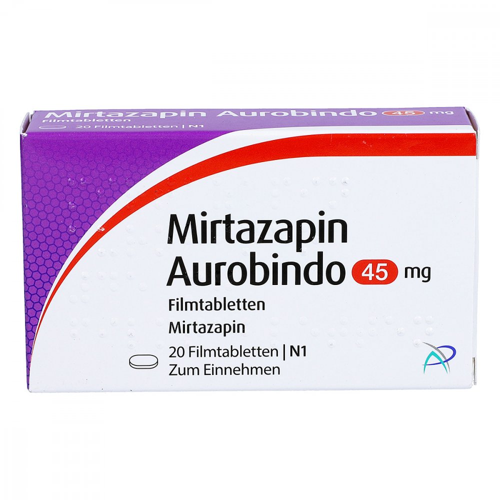 Das Produktfoto zeigt Mirtazapin Aurobindo 45 Mg Filmtabletten (20 stk) PZN 03675572