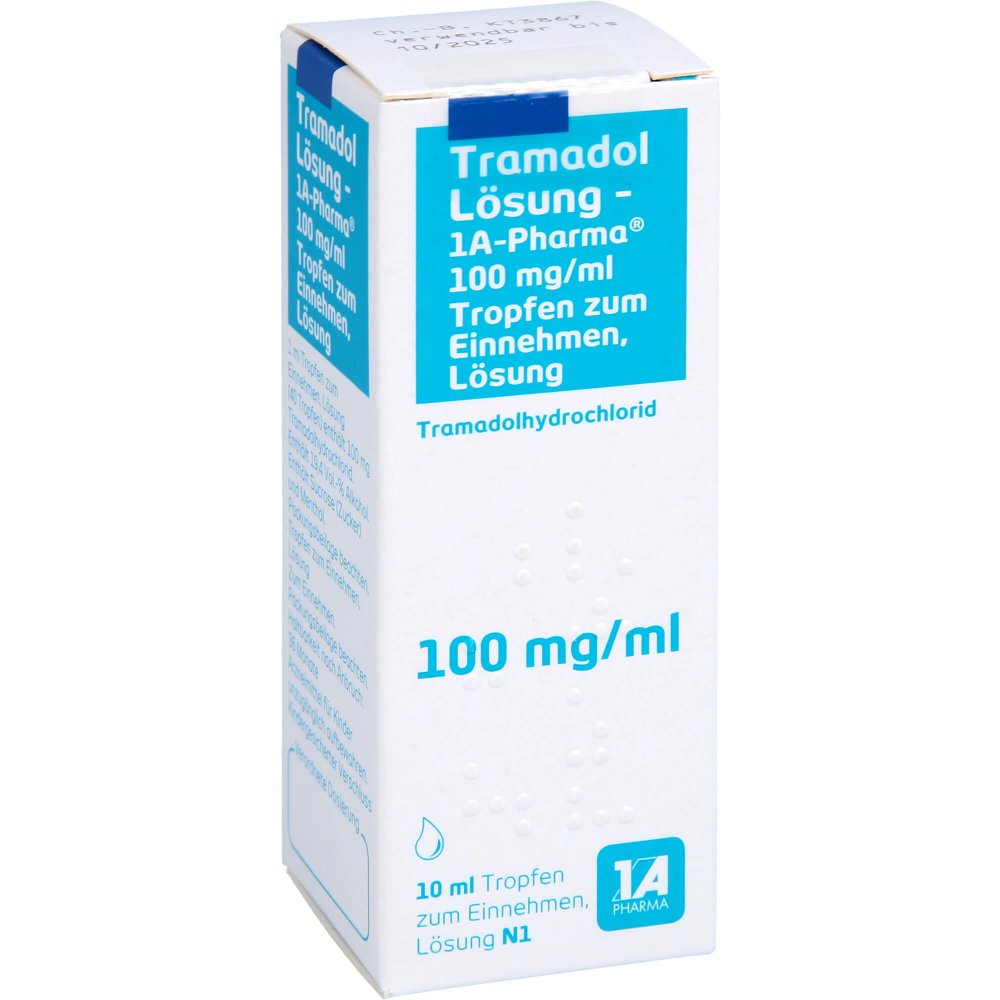 Das Produktfoto zeigt Tramadol Lösung-1a Pharma M.Tropfvorrichtung (10 ml) PZN 03682537
