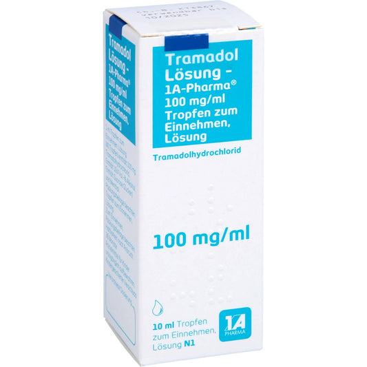 Das Produktfoto zeigt Tramadol Lösung-1a Pharma M.Tropfvorrichtung (10 ml) PZN 03682537