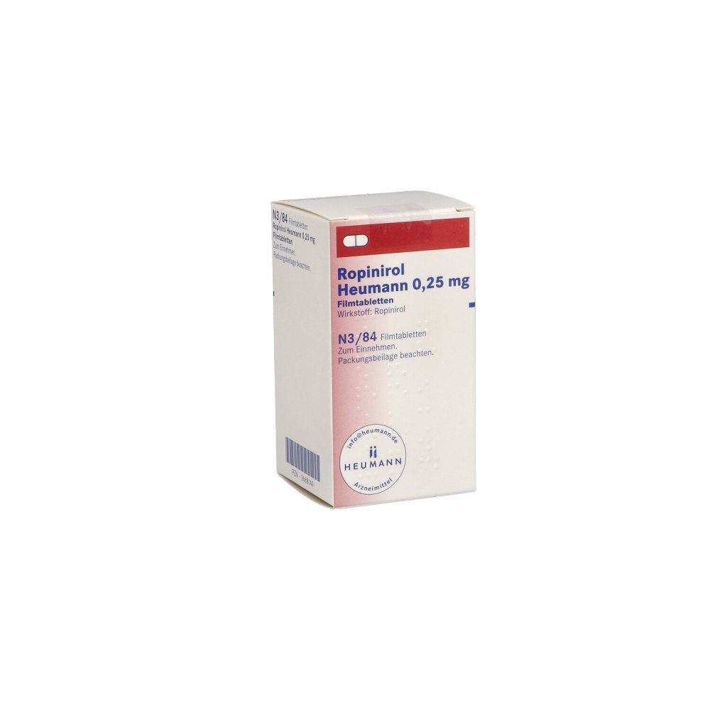 Das Produktfoto zeigt Ropinirol Heumann 0,25 Mg Filmtabletten (84 stk) PZN 03688149