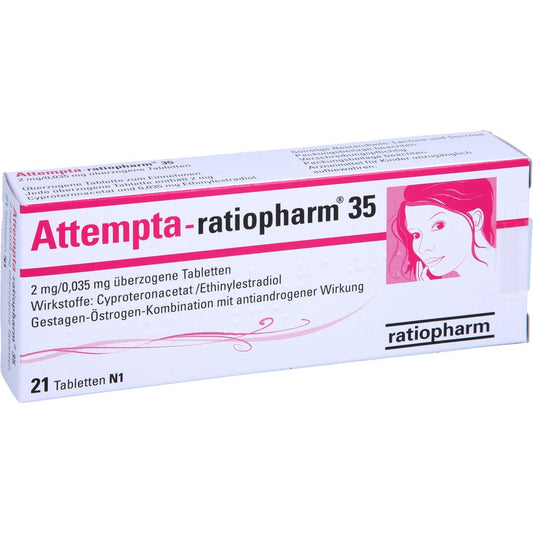 Das Produktfoto zeigt Attempta-Ratiopharm 35 2mg/0,035mg Überz.Tabl. (21 stk) PZN 03691370