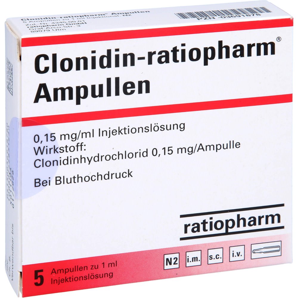 Das Produktfoto zeigt Clonidin-Ratiopharm Ampullen (5 stk) PZN 03691878