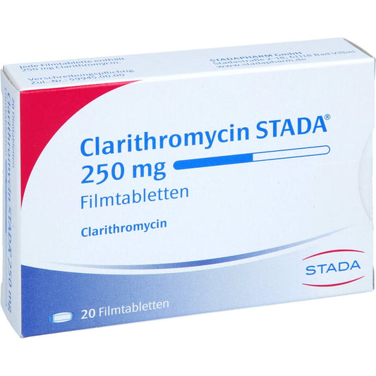Das Produktfoto zeigt Clarithromycin Stada 250 Mg Filmtabletten (20 stk) PZN 03702524