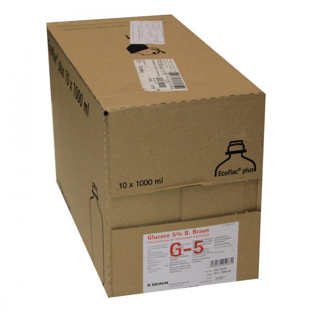 Das Produktfoto zeigt Glucose 5% B.Braun Ecoflac Plus (10X1000 ml) PZN 03705385