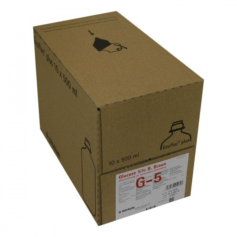 Das Produktfoto zeigt Glucose 5% B.Braun Ecoflac Plus (10X500 ml) PZN 03705391