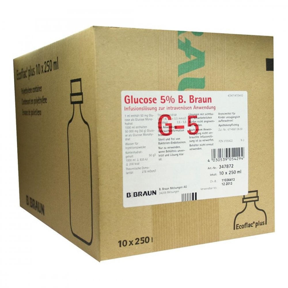 Das Produktfoto zeigt Glucose 5% B.Braun Ecoflac Plus (10X250 ml) PZN 03705422