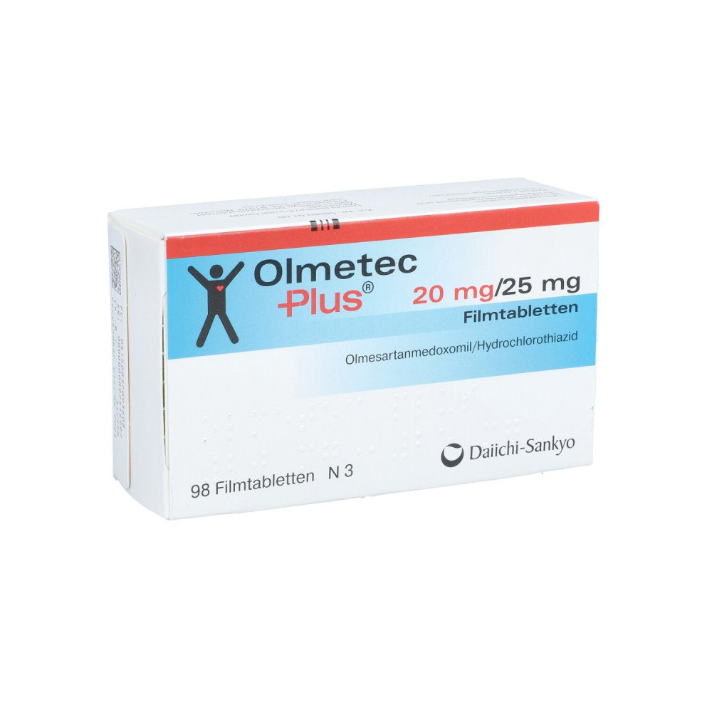 Das Produktfoto zeigt Olmetec Plus 20 Mg/25 Mg Filmtabletten (98 stk) PZN 03709360