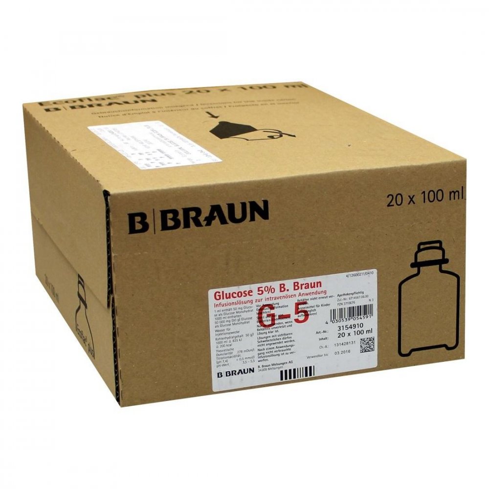 Das Produktfoto zeigt Glucose 5% B.Braun Ecoflac Plus (20X100 ml) PZN 03710676