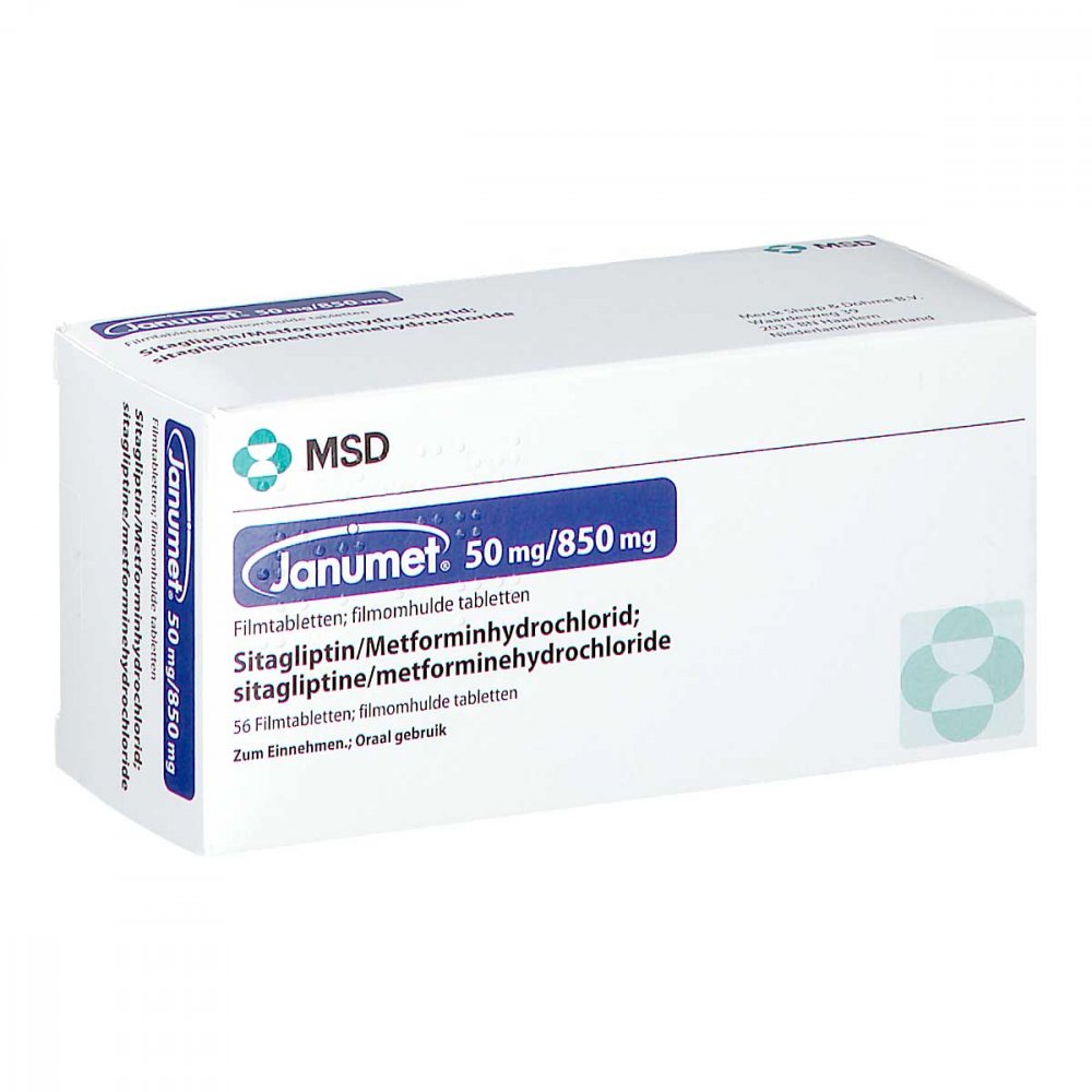 Das Produktfoto zeigt Janumet 50 Mg/850 Mg Filmtabletten (56 stk) PZN 03715656