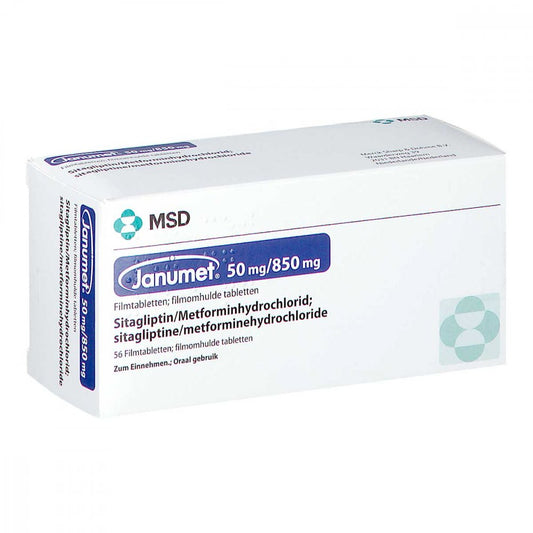 Das Produktfoto zeigt Janumet 50 Mg/850 Mg Filmtabletten (56 stk) PZN 03715656