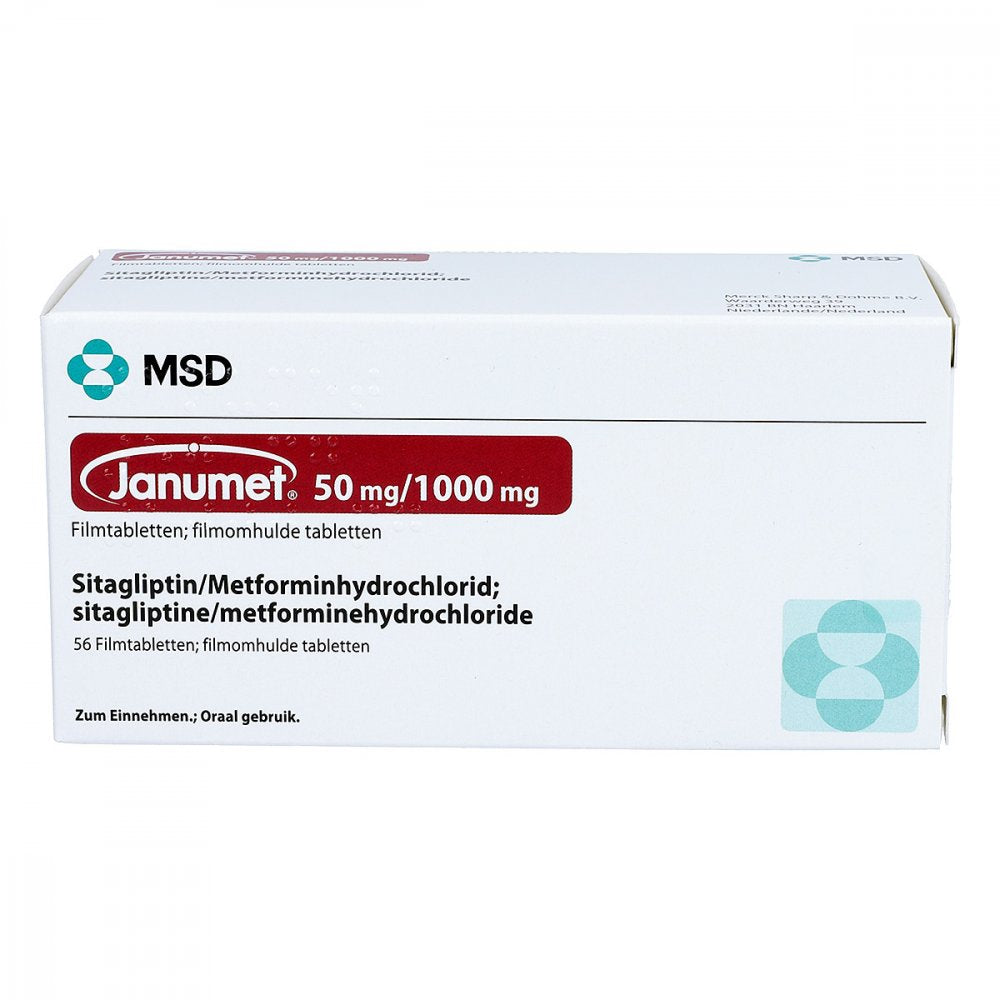 Das Produktfoto zeigt Janumet 50 Mg/1000 Mg Filmtabletten (56 stk) PZN 03716130