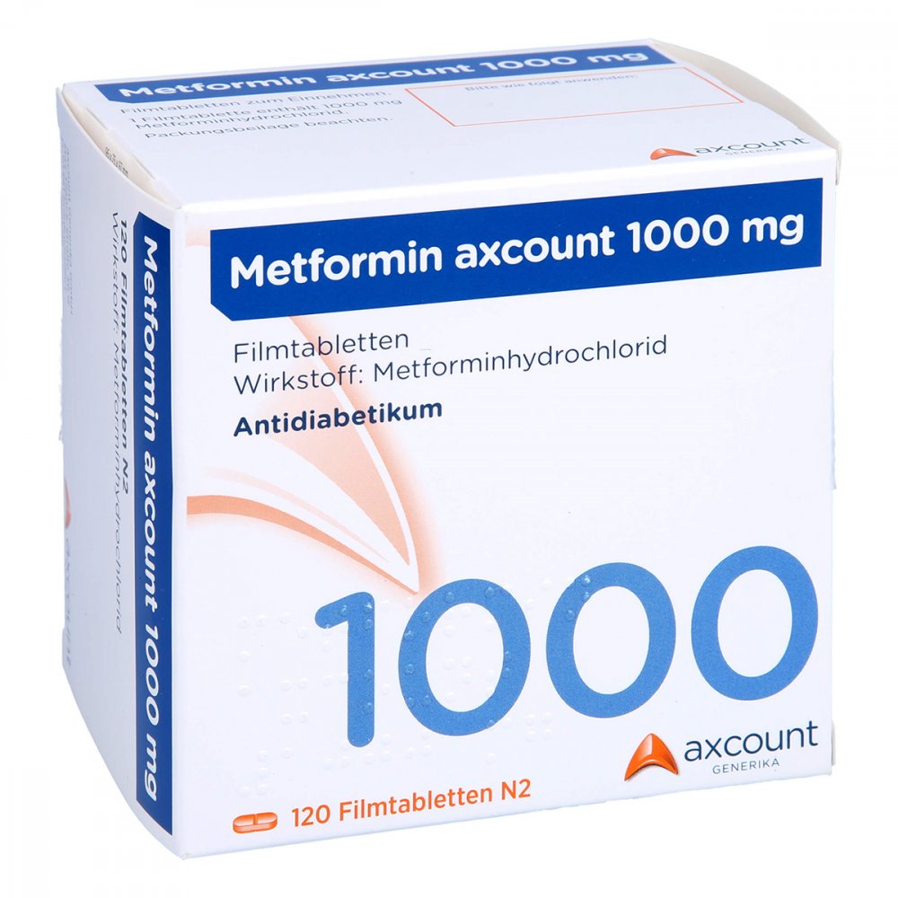 Das Produktfoto zeigt Metformin Axcount 1.000 Mg Filmtabletten (120 stk) PZN 03727553