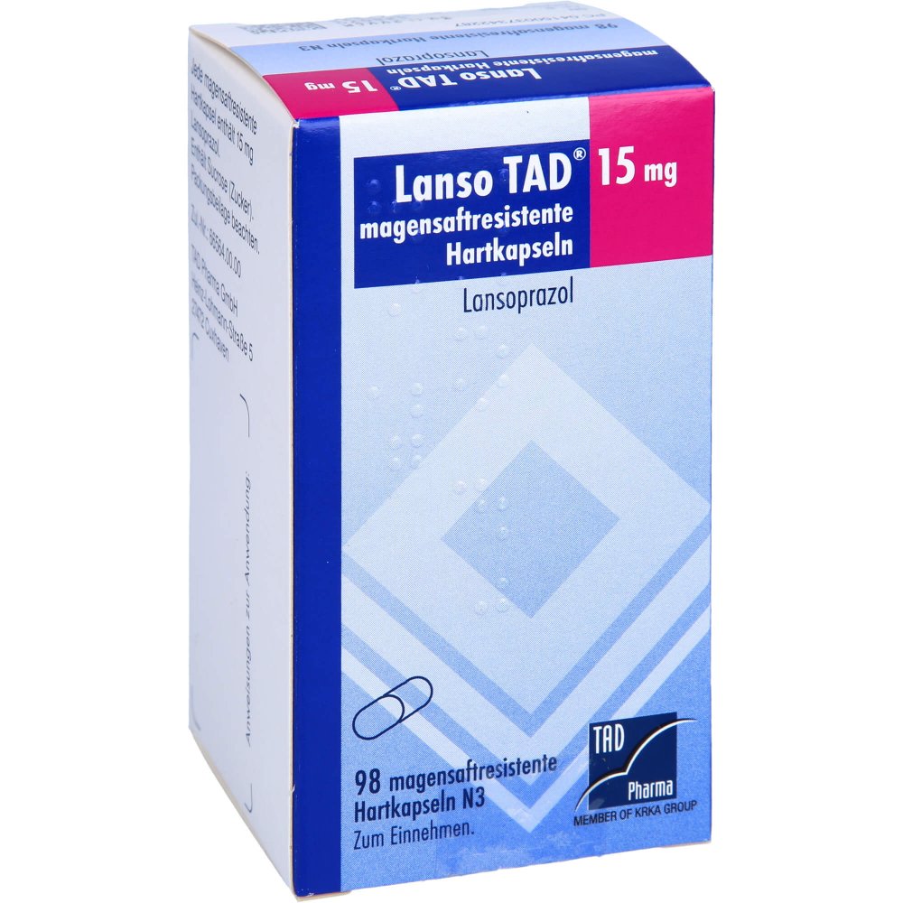 Das Produktfoto zeigt Lanso Tad 15 Mg Magensaftresistente Hartkapseln (98 stk) PZN 03734228