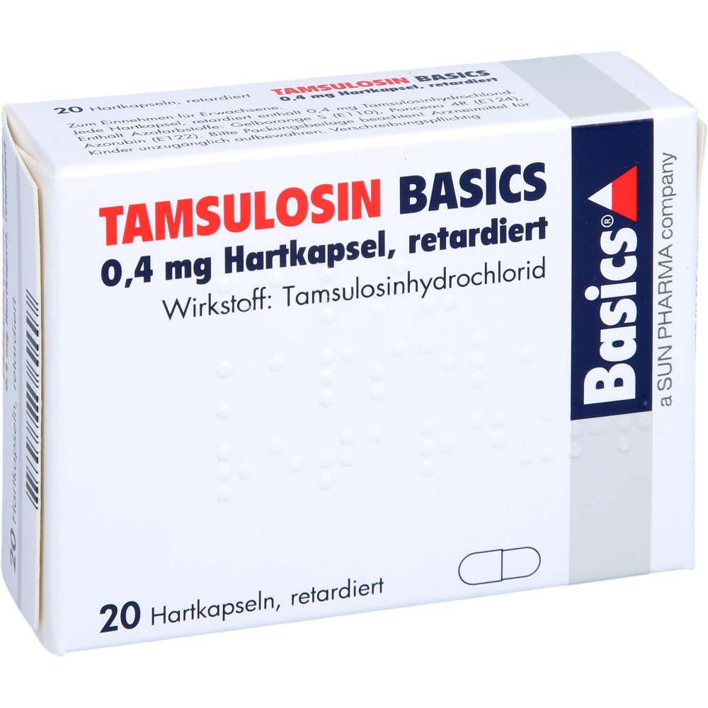 Das Produktfoto zeigt Tamsulosin Basics 0,4 Mg Hartkaps.Retard. (20 stk) PZN 03735529