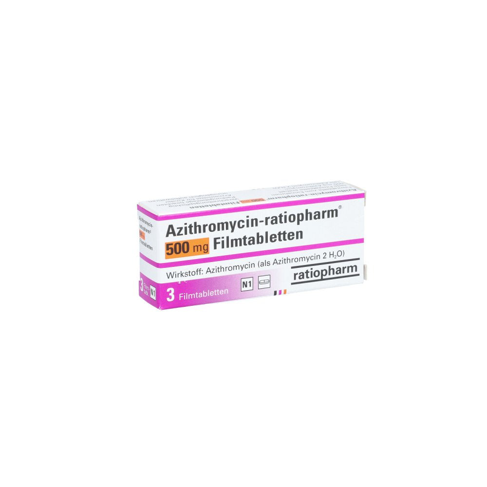 Das Produktfoto zeigt Azithromycin-Ratioph.500mg Filmtabletten (3 stk) PZN 03738232