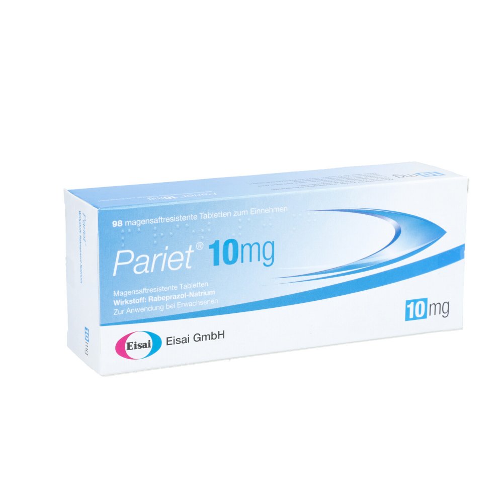 Das Produktfoto zeigt Pariet Eisai 10 Mg Magensaftresistente Tabletten (98 stk) PZN 03743339