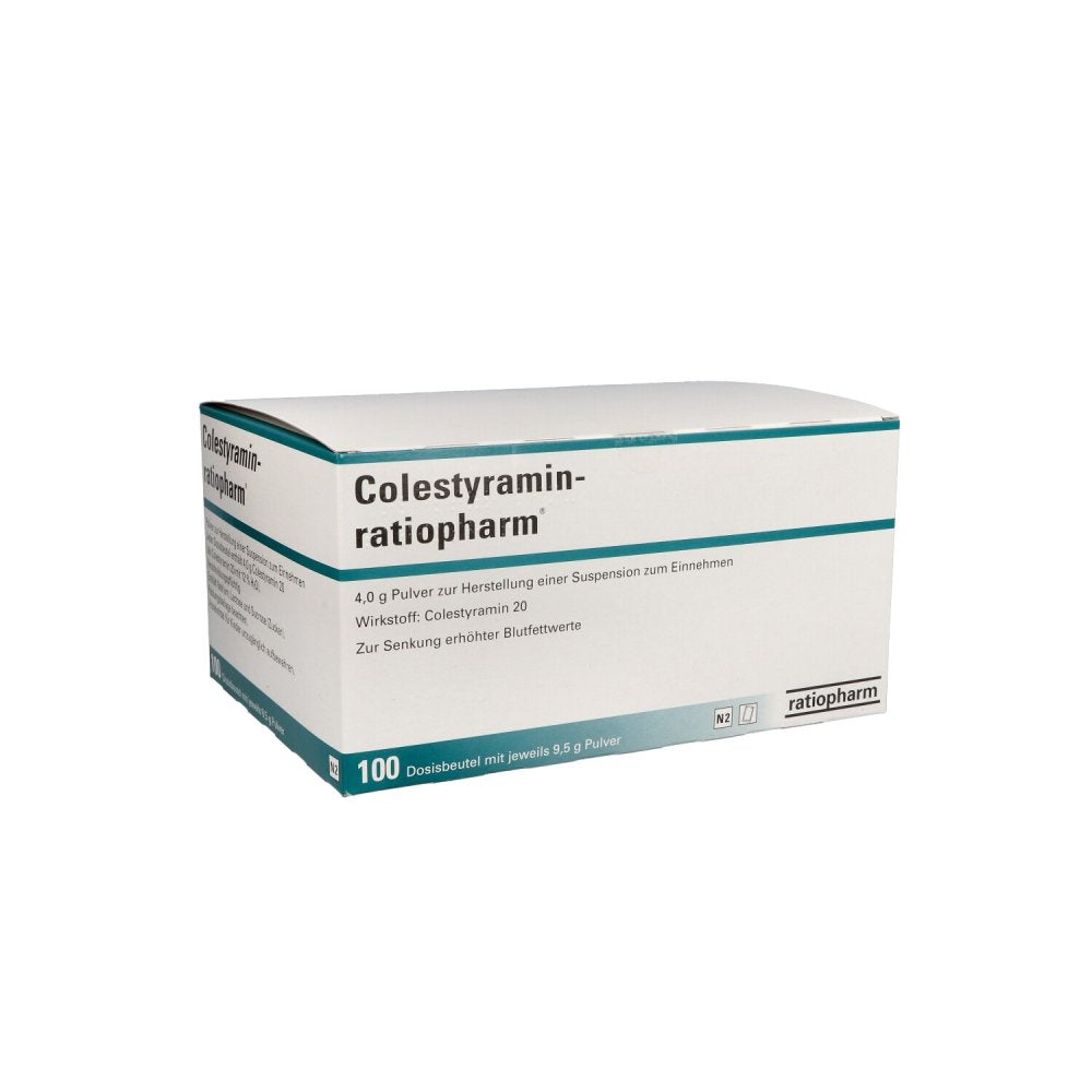 Das Produktfoto zeigt Colestyramin-Ratiopharm Plv.Z.Herst.E.Susp.Z.Einn. (100 stk) PZN 03752060