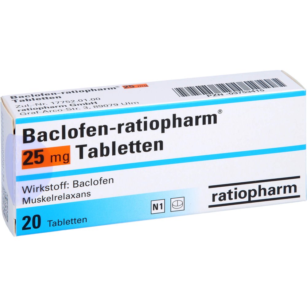 Das Produktfoto zeigt Baclofen-Ratiopharm 25 Mg Tabletten (20 stk) PZN 03753415