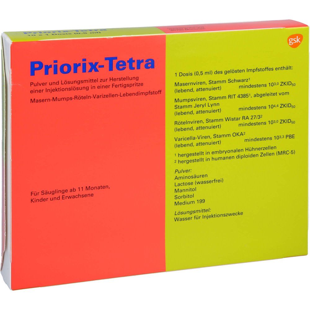 Das Produktfoto zeigt Priorix Tetra 0,5 Ml Plv.U.Lm Z.H.E.Inj.L.I.E.Fs. (10X1 stk) PZN 03754656
