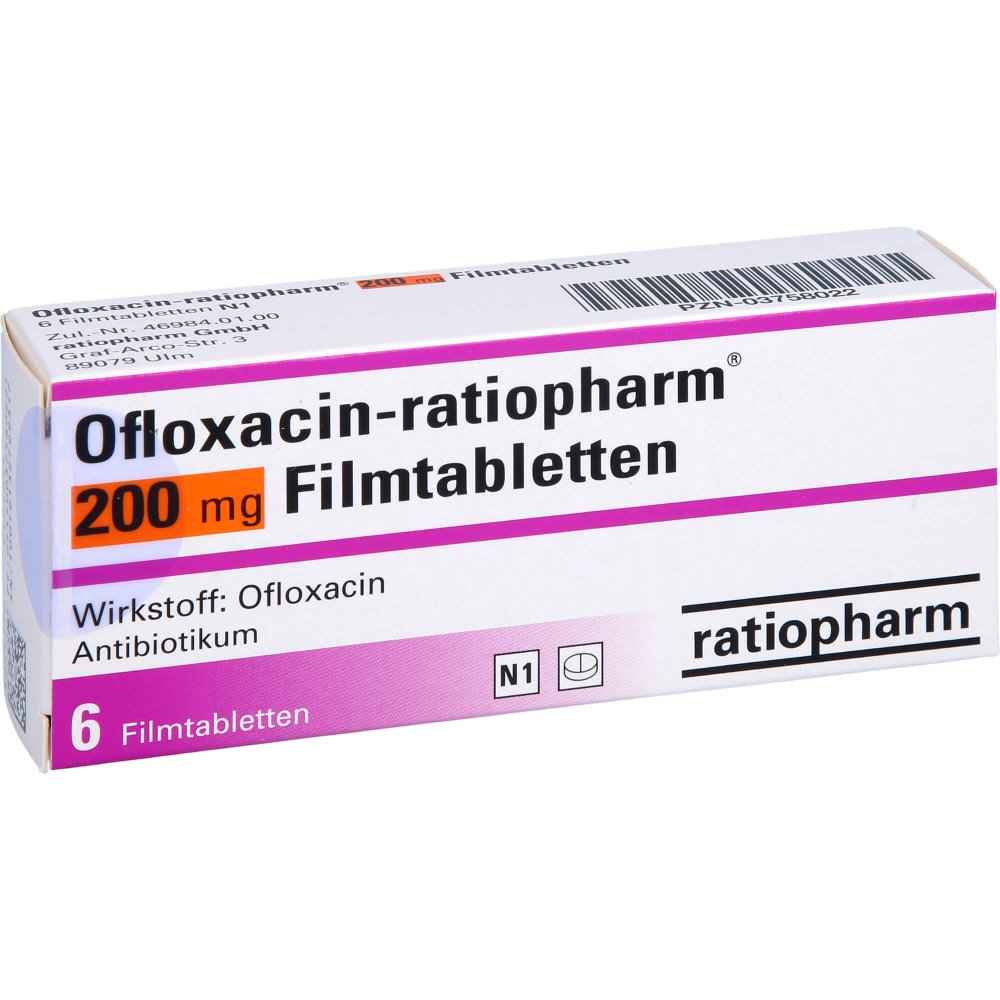 Das Produktfoto zeigt Ofloxacin-Ratiopharm 200 Mg Filmtabletten (6 stk) PZN 03758022
