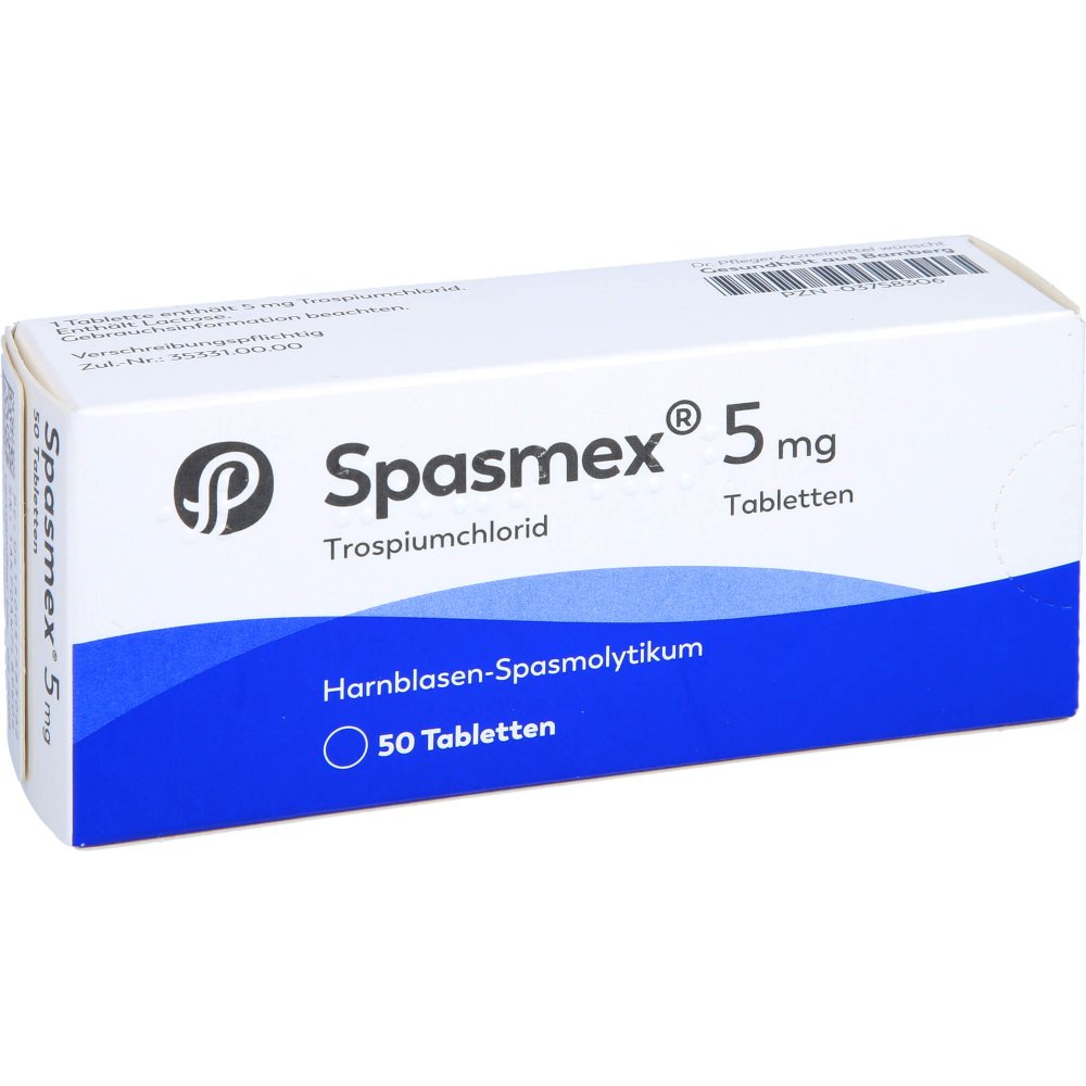 Das Produktfoto zeigt Spasmex 5 Tabletten (50 stk) PZN 03758306