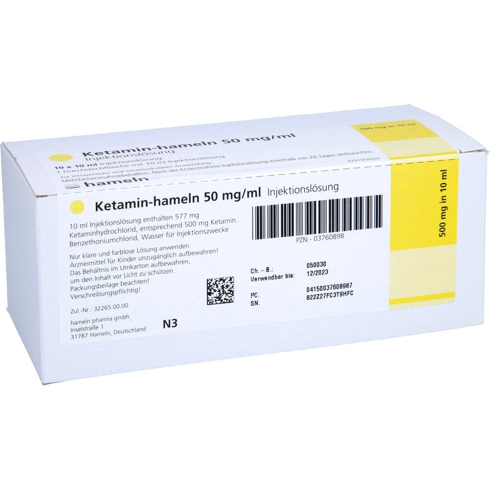 Das Produktfoto zeigt Ketamin-Hameln 50 Mg/Ml Injektionslösung Dsfl. (10X10 ml) PZN 03760898